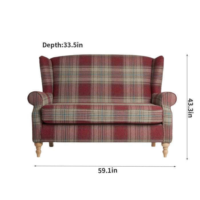 the measurements for an upholstered loveseat with plaid fabric and wood legs