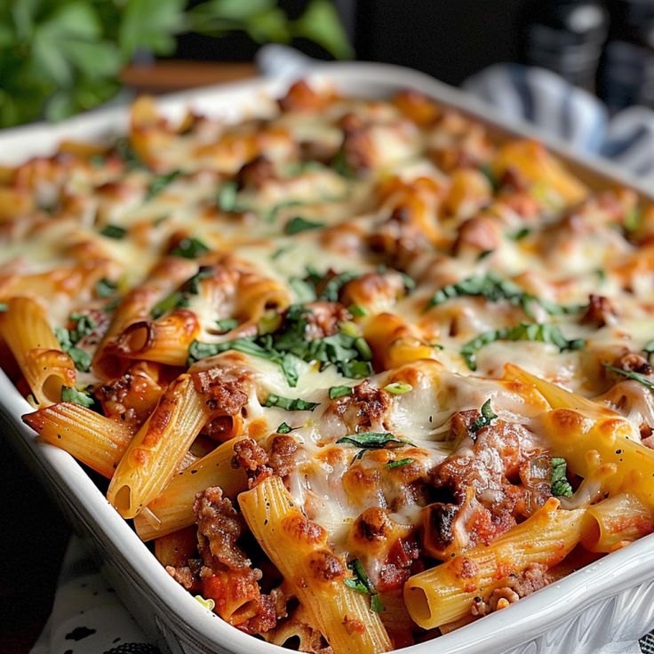 a casserole dish filled with pasta and meat