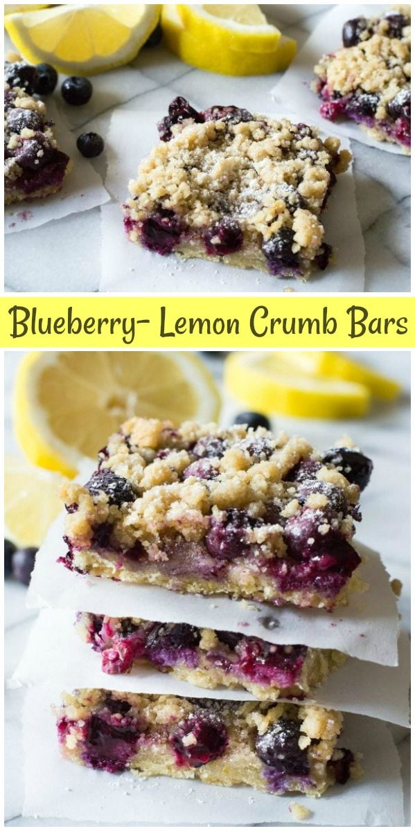 blueberry lemon crumb bars are stacked on top of each other and ready to be eaten