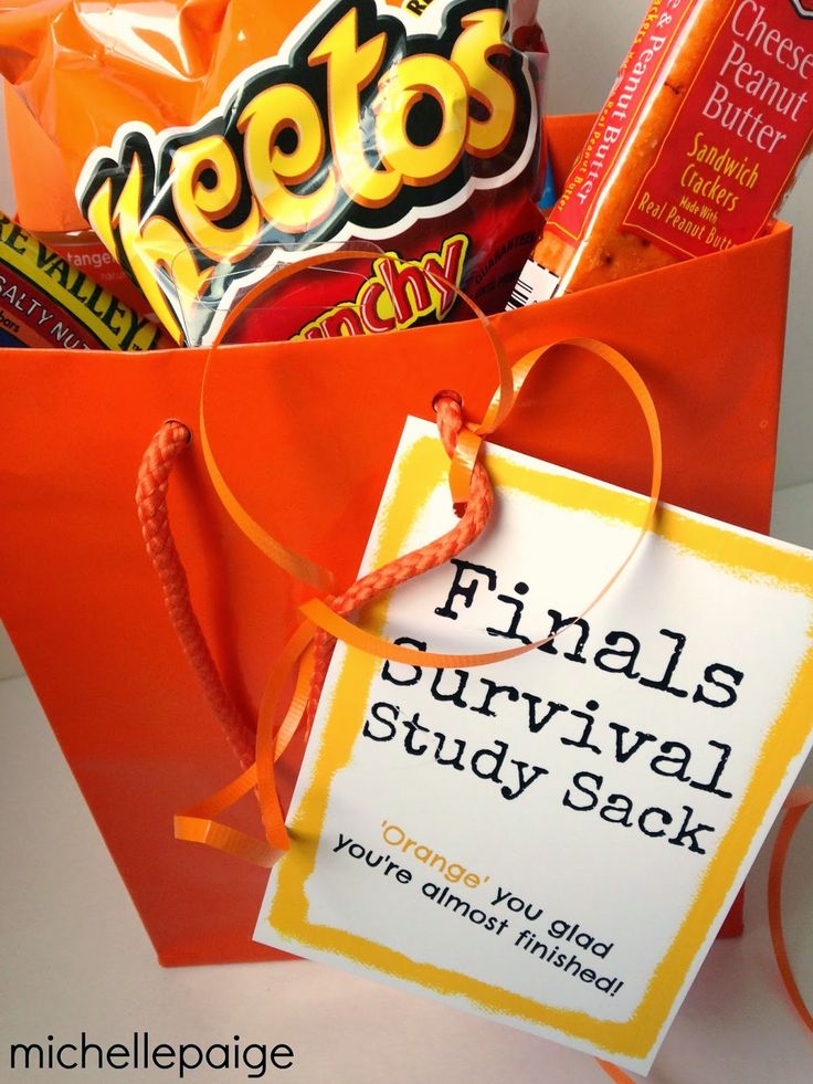 an orange paper bag filled with candy and candies next to a sign that says final survival study sack