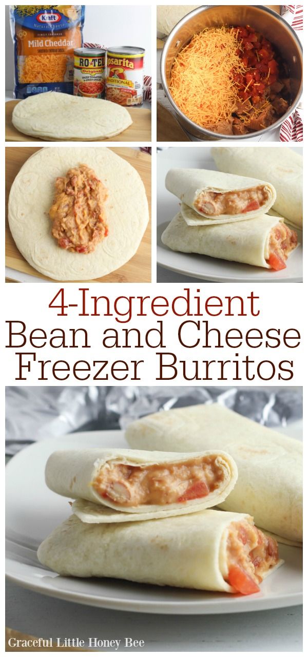 four different pictures showing how to make an enchilada and cheese freeze burritos