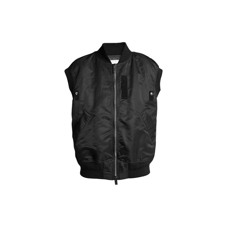 SACAI bomber vest Stand-up collar; two-way zip front Cap sleeves Side slip pockets Relaxed fit Nylon/polyamide/polyester Dry clean Imported Nylon Workwear Vest, Nylon Work Vest With Pockets, Nylon Vest With Padded Collar For Streetwear, Nylon Vest With Zipper Closure For Streetwear, Bergdorf Goodman, Stand Up, Cap Sleeves, Tops Designs, Dry Clean