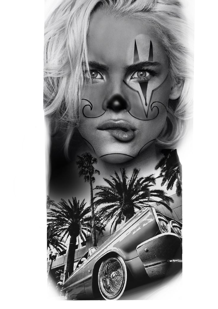 a black and white photo of a woman's face painted as a clown with palm trees in the background