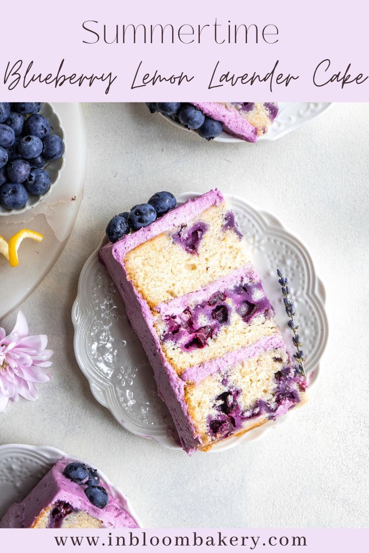 slices of blueberry cake on plates with flowers