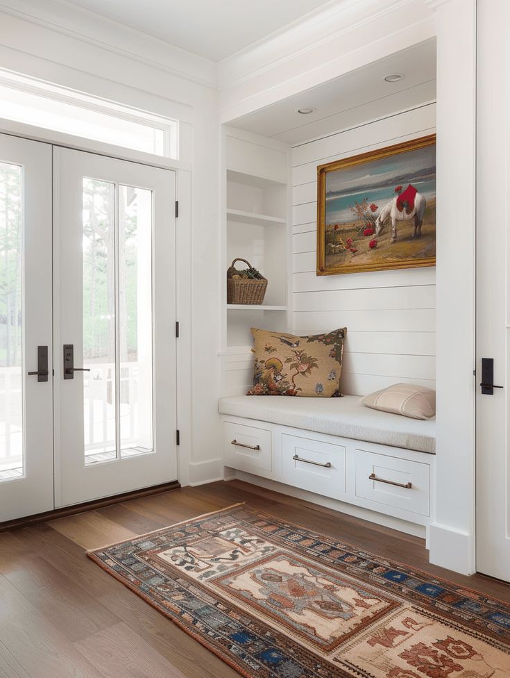 Small Entryway Ideas: Window Nook with Built-In Seating and Drawers Entryway Separation Ideas, Entryway Nook With Bench, Front Door Opens To Wall Entryway, Small Living Layout, Entryway Ideas Window, Small Entry Way Ideas With Bench, Entry Nook With Bench, Front Entryway Built In Ideas, Window Above Front Door Entryway