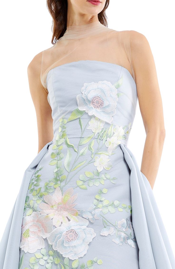 Strapless silk faille gown with pleated skirt and floral embroidery with a tulle illusion overlay Baby Blue Wedding Dresses, Gorgeous Bridesmaid Dresses, Fashion Dresses Formal, Blue Wedding Dresses, Shower Dresses, Fairytale Dress, فستان سهرة, Gowns Of Elegance, Mom Dress