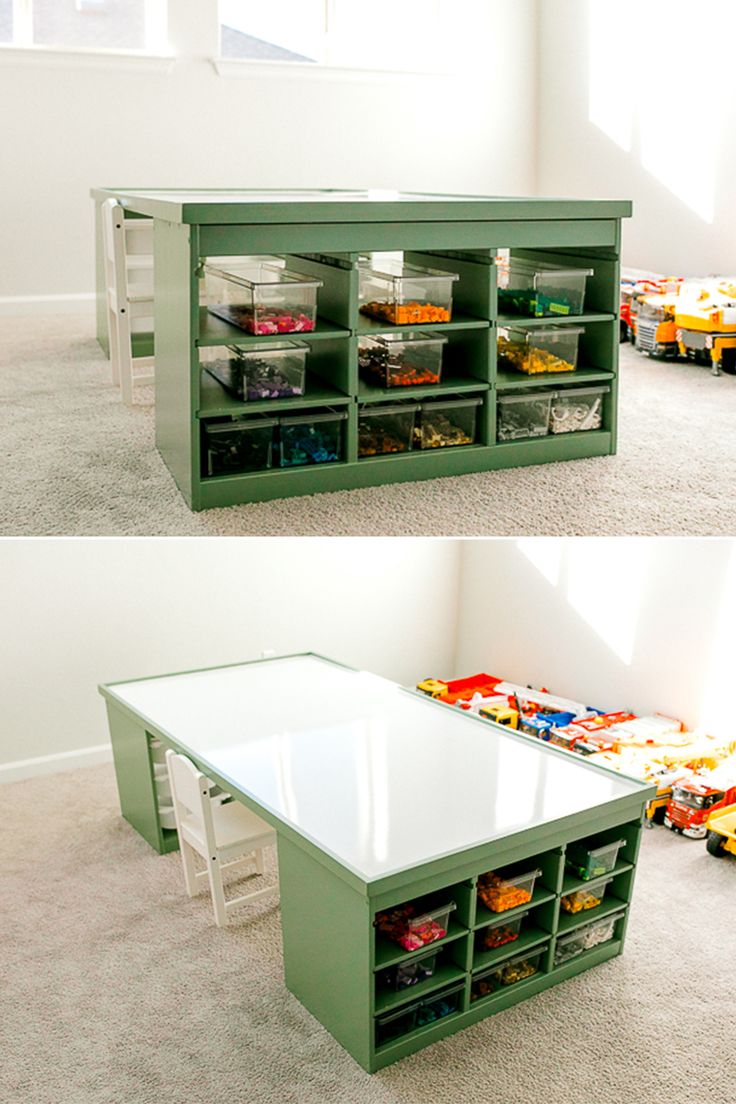 two pictures of a table with toy cars on it and the bottom one is empty