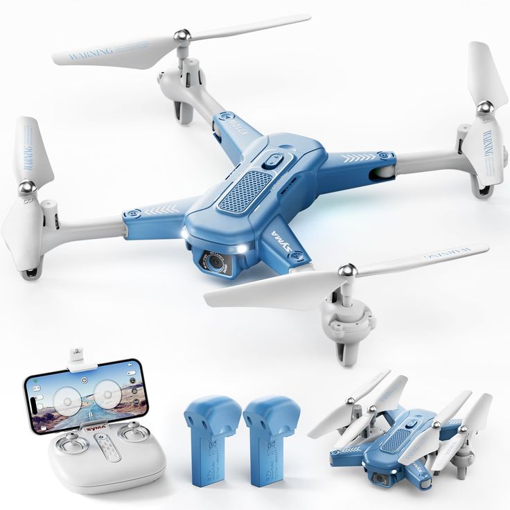 a small blue and white remote controlled flying device with two cameras on the front, one in