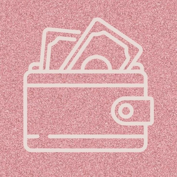 a pink background with a white outline of a wallet and money sticking out of it