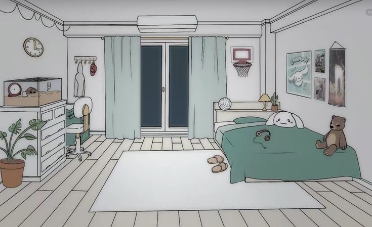 a cartoon bedroom with teddy bears on the bed