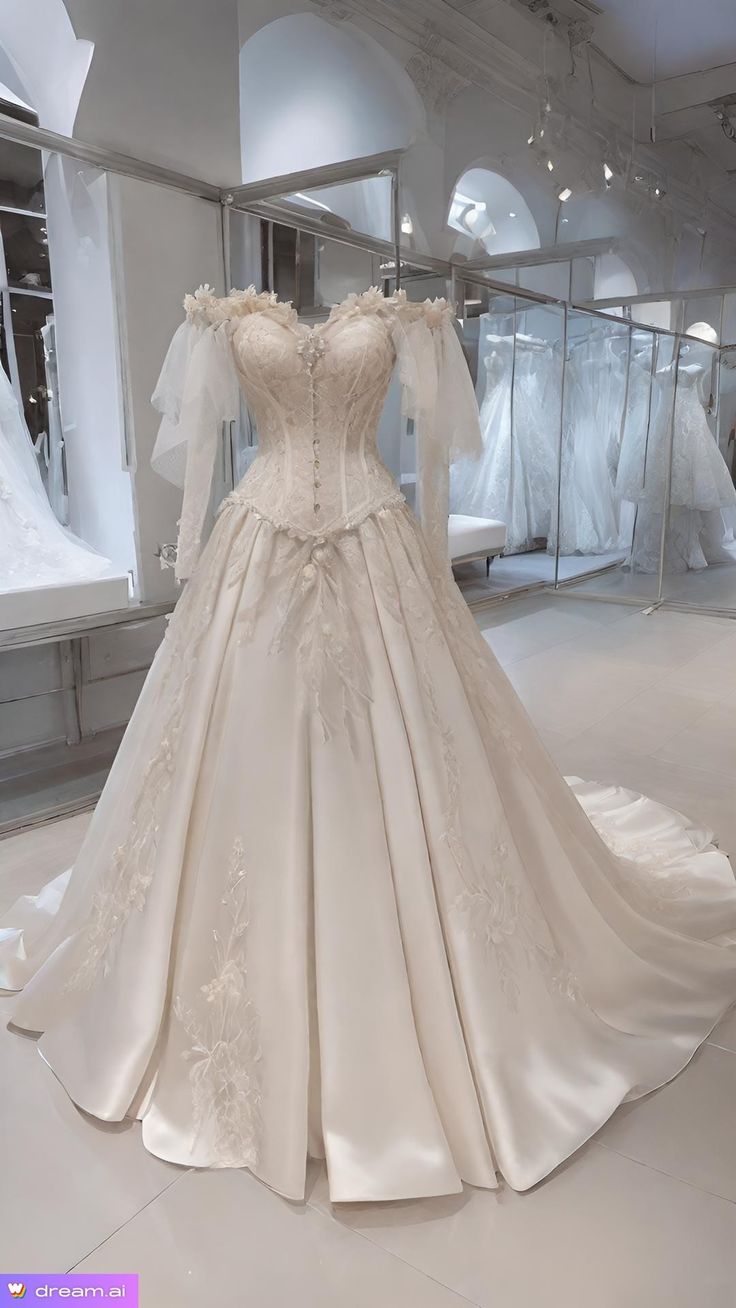 a white wedding dress on display in a room with mannequins behind it