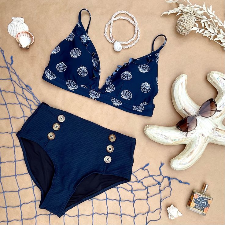 Nwt Nautical Swimsuit Bundle: Navy Blue V-Neck French Bikini Top With White Scallop Seashell Print & Ruffle Trim. Adjustable Spaghetti Straps, Padded Cups, Hook Closure. Polyamide Shell, Polyester Lining. By J. Crew Factory Outlet 28 ½” Around, 34” Stretched Taut 8 - 8 ½” Length High Waisted, Double Tortoise Button Bottoms With Embossed Wave Pattern. Hygienic Liner Attached. 90 Polyamide 10 Elastane Shell, 95 Polyester 5 Spandex Lining. By Shoshanna 26” Around Waist, 34” Taut 30” Hip Area, 37” T Lined Blue Swimwear For Beach Season, Blue Lined Swimwear For Beach Season, Fitted Navy Swimwear For Sunbathing, Navy Fitted Swimwear For Sunbathing, High Waist Beachy Tankini For Beach Party, Navy Beachwear Swimwear For Poolside, Lined Beachy Swimwear, Beachy Lined Swimwear For Beach Season, Navy Tankini For Pool Beachwear