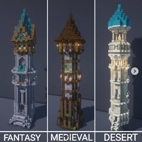 three different views of a clock tower made out of legos, with the words fantasy medieval