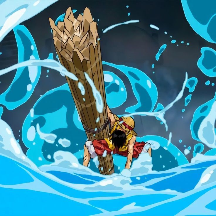 an animated image of a man falling from a giant piece of wood in the water