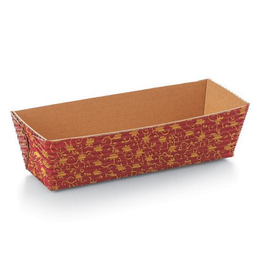 a red and gold patterned rectangular container on a white background with clipping for text