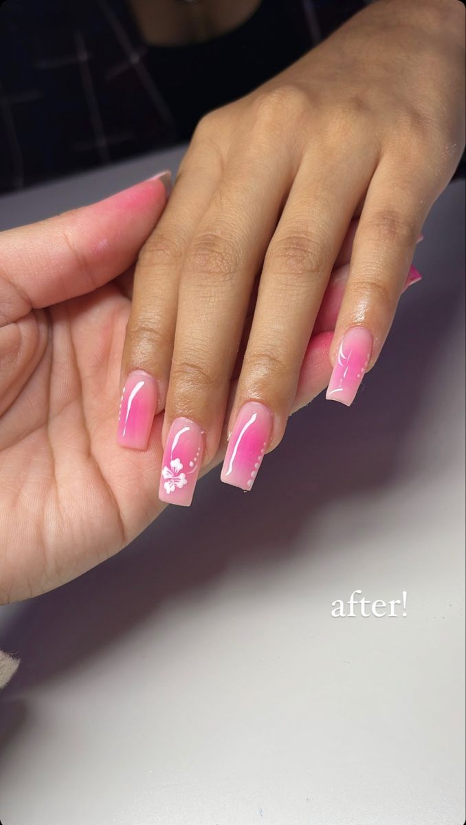 Pink Nails Design Flowers, Hawaii Nails French Tip, Acrylic Nails Hawaiian Flowers, French Tip Airbrush Nails, Pink Aura Nails With Flowers, Hibiscus Nails Design, Nails Ideas Summer Pink, Summer Acrylic Nails Hibiscus, Pink Aura Nails Coffin