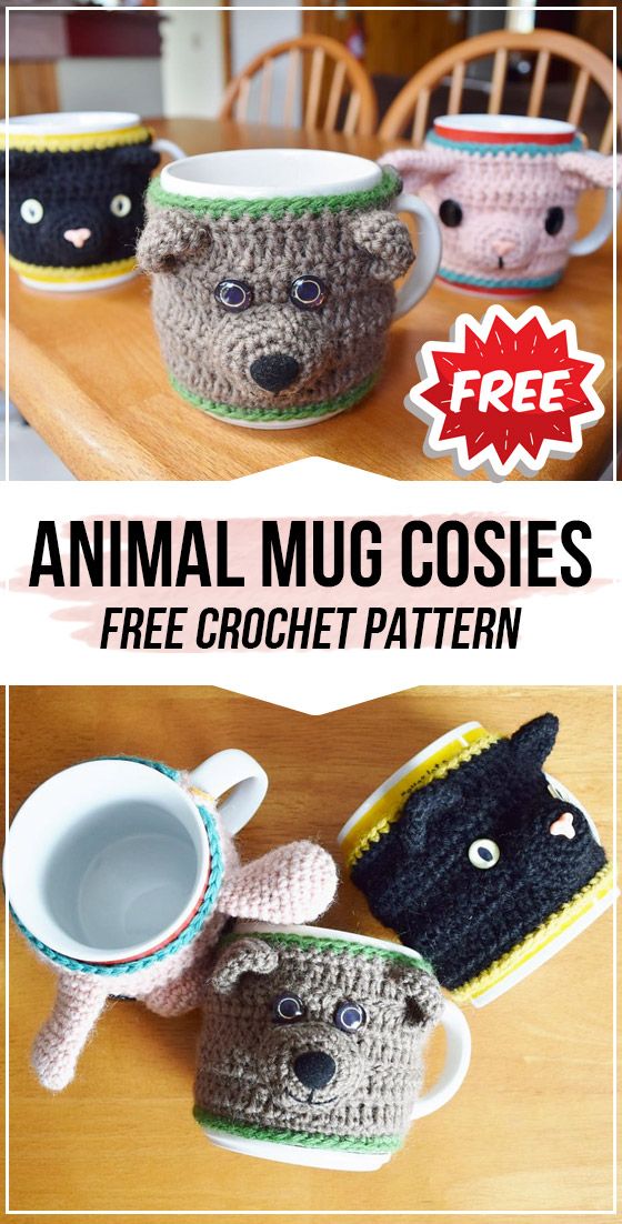 crocheted animal mug cozies are on the table with coffee cups in them