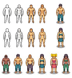 an image of different types of people in pixel art style with text that reads, how to draw the human body