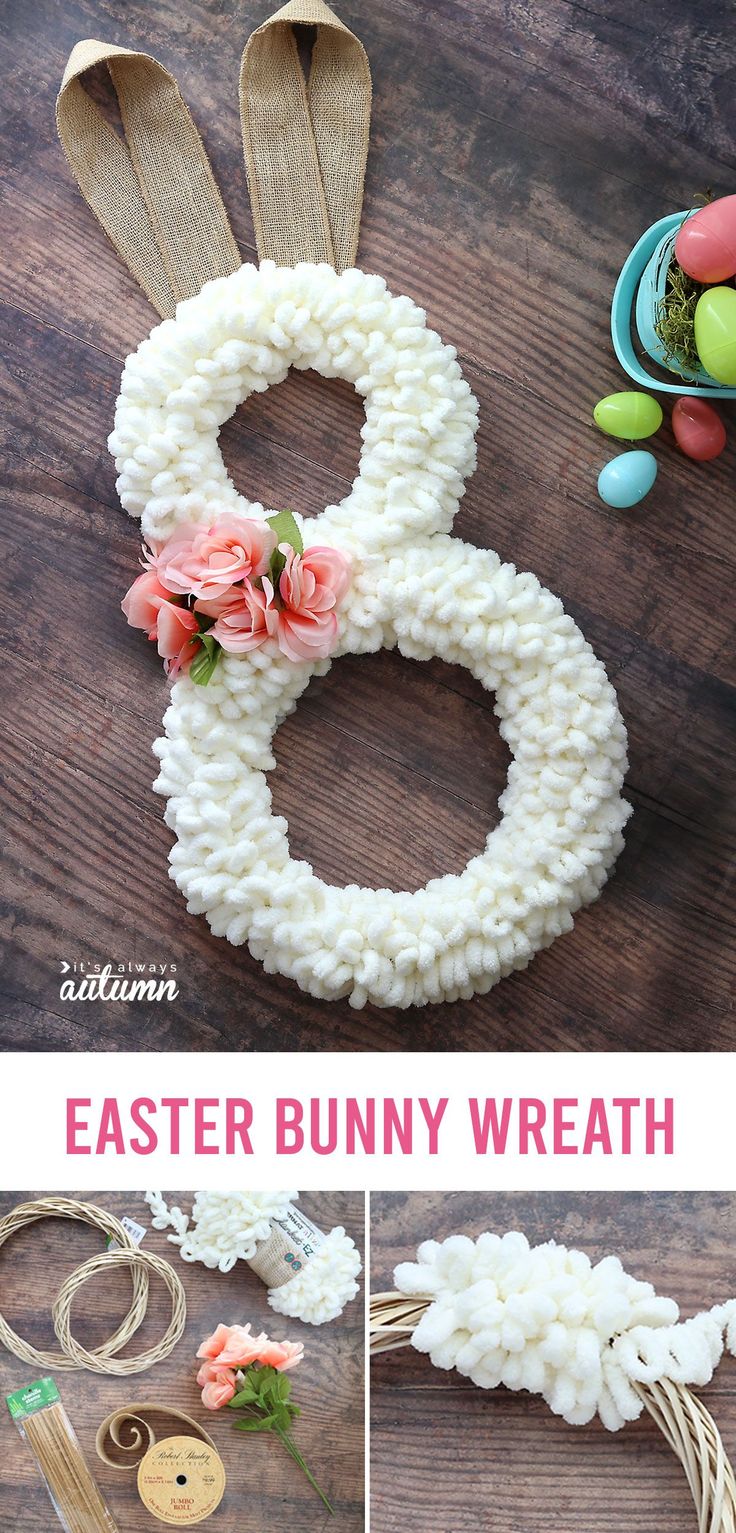 an easter bunny wreath made out of yarn and flowers on top of a wooden table