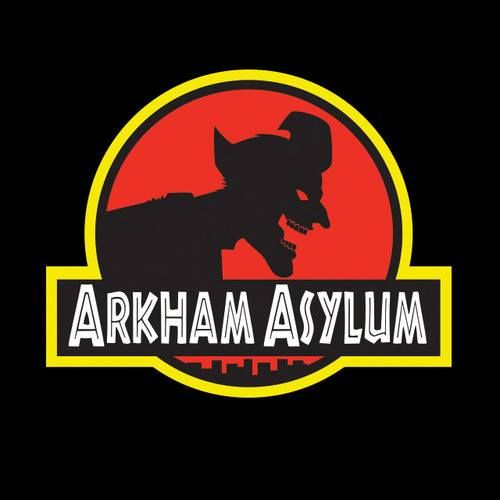 the arkham asylm logo on a black background with red and yellow colors