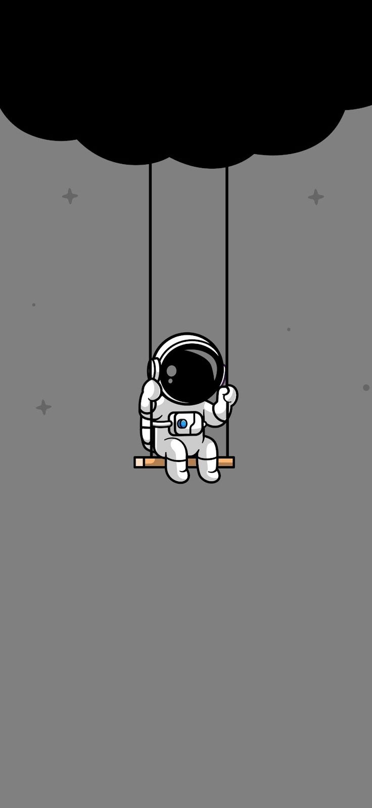 an astronaut floating in the sky on a swing suspended from a black cloud with stars