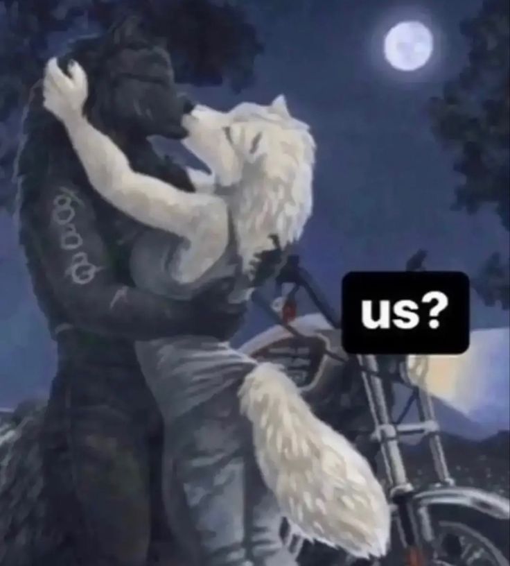 a man and woman hugging in front of a motorcycle with the caption us?