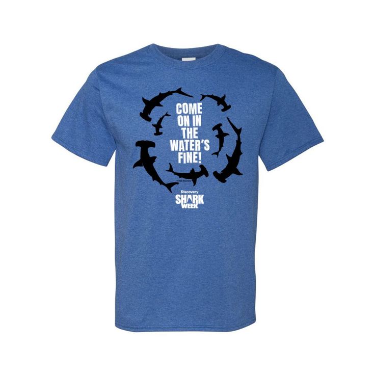 The placement of a hammerhead shark's eyes gives it 360-degree vision and a distinct predatory advantage when searching for its next meal. Though hammerhead attacks on humans are rare, this Shark Week(TM) t-shirt features a thrilling design of circling hammerheads with the amusing invitation, "Come on in the water's fine!" This blue t-shirt is great as a gift for Shark Week(TM) fans or the perfect comfy shirt to wear for your weekend activities.o Fits sizes 38-40.o Brand: Fruit of the Loomo Shor Shark Week Party, Cheer Gear, Shark Shirt, Weekend Activities, Hammerhead Shark, Shark Week, Comfy Shirts, Blue T Shirt, Blue T