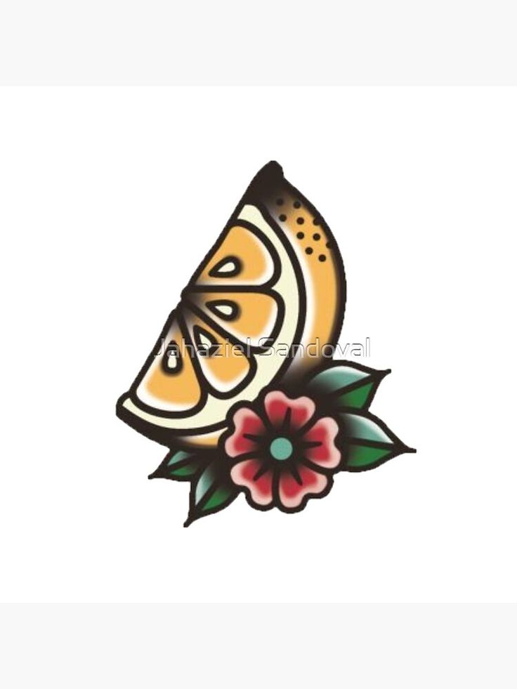 a sticker with an orange slice and flower on the bottom, in front of a white background