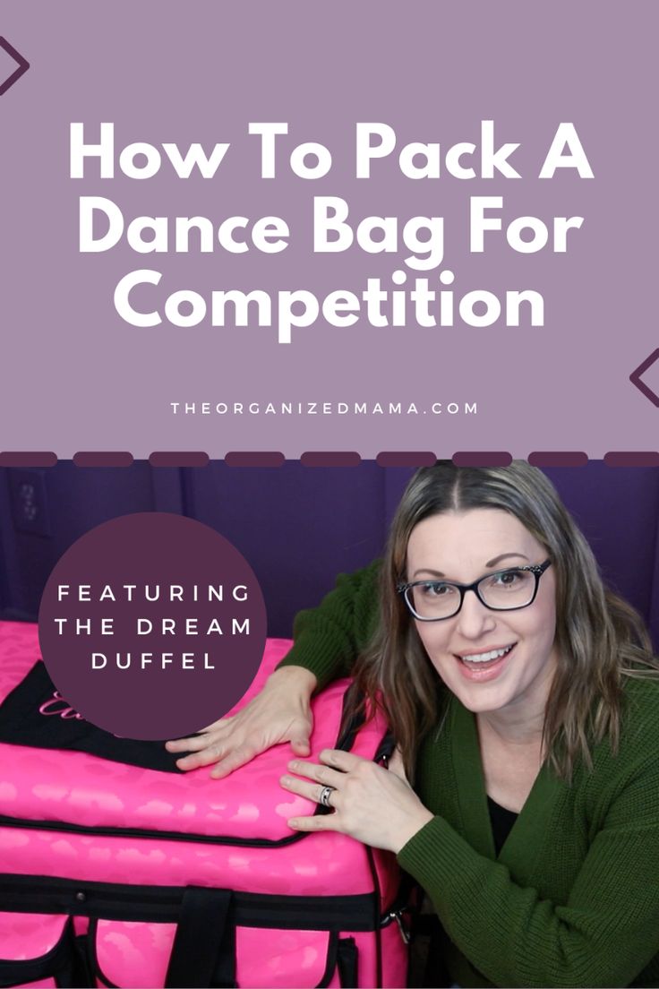 a woman sitting in front of a pink bag with the words how to pack a dance bag for competition