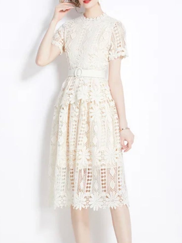 Casual Look. European design. Heaven embroidered dress. Halter neck. Short sleeves. Zipper back closure. Polyester lace fabric. Color may be lighter or darker depending of the device it is displayed. Elegant Floral Embroidered Midi Dress, Elegant Midi Embroidered Floral Dress, Elegant Midi-length Embroidered Floral Dress, Beige Lace Knee-length Dress, A-line Lace Midi Dress For Garden Party, Beige Knee-length Lace Dress With Lace Patchwork, Beige A-line Lace Dress, Beige Lace Dress With Floral Embroidery, Elegant Floral Embroidery Lace Dress For Summer