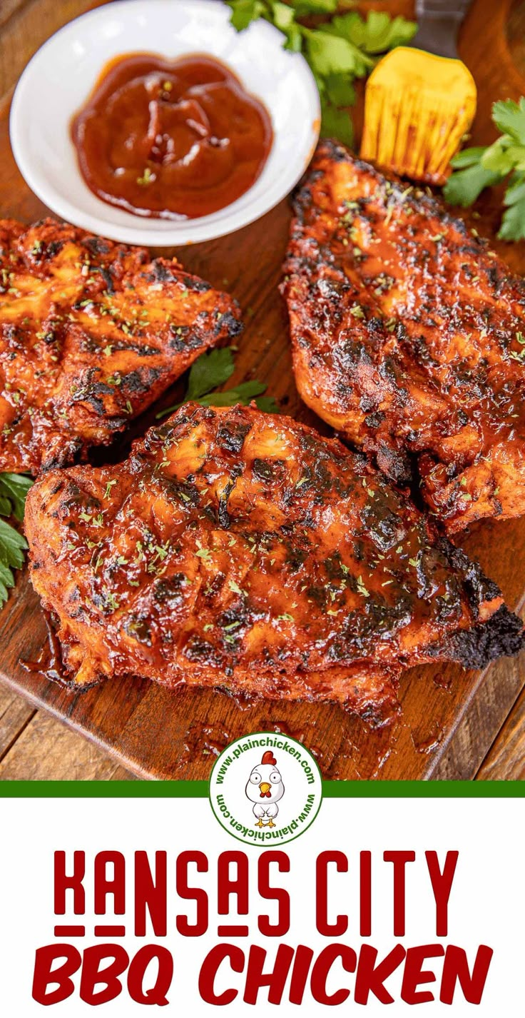 three pieces of barbecue chicken on a cutting board with sauce and herbs in the background