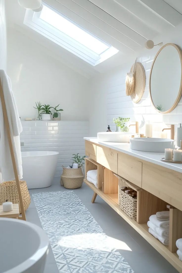 a bathroom with a skylight above the bathtub and sink, along with two round mirrors on the wall