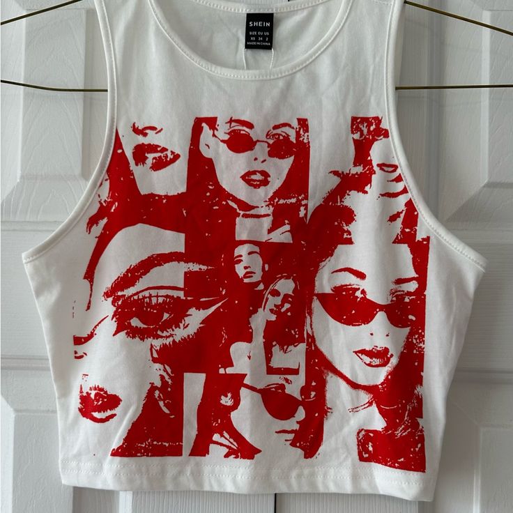 White/Red Tee Crop To, Nwt, Size Xs, By Shein Trendy White Printed Tank Top, Trendy Printed White Tank Top, White Sleeveless Crop Top For Streetwear, White Printed Sleeveless Crop Top, White Sleeveless Printed Crop Top, Red Graphic Print Tank Top For Summer, Red Retro Spring Tank Top, Retro Red Spring Tank Top, Trendy White Streetwear Tops