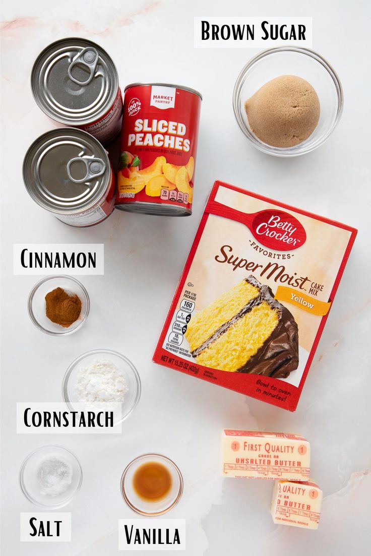 ingredients to make brown sugar cake sitting on a counter top with labels labeled in english