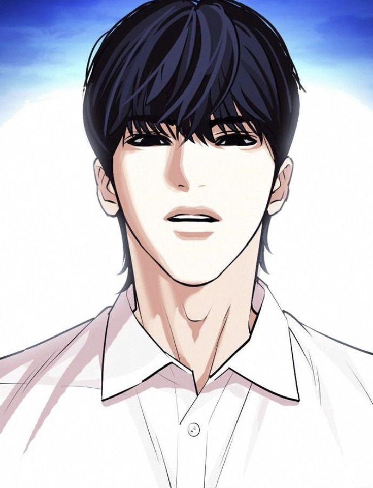 an anime character with black hair and a speech bubble above his head, in front of a blue sky