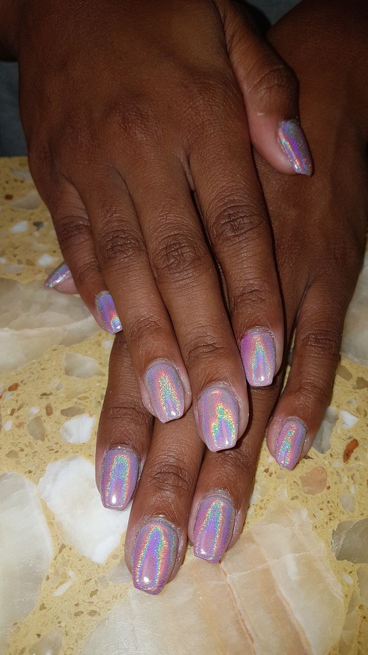 Pink hologram Holo Acrylic Nails, Sparkly Holographic Nails, Irridecent Design Nails Short, Holographic Toe Nails, Irradecent Acrylic Nails, Iredesant Nails Pink, Pink Holographic Nail Designs, Pink Irredescent Nails, Irridescent Nails Pink