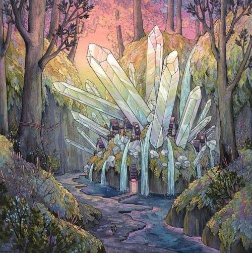 a painting of people standing in the woods with large crystals on their heads and hands