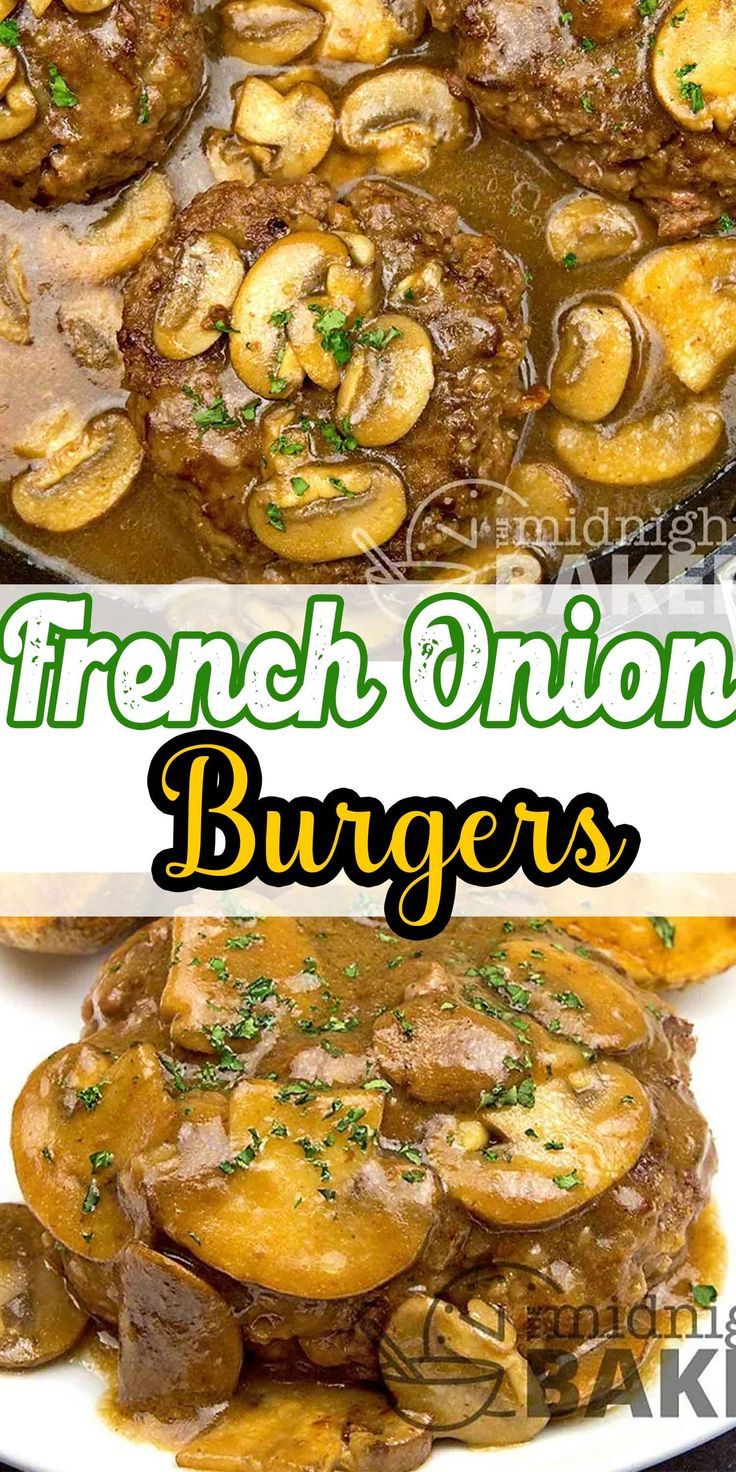 french onion burgers with mushrooms and gravy in a white bowl