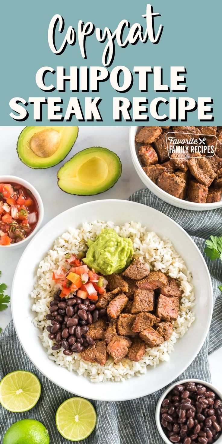 a bowl filled with meat, beans and guacamole on top of rice