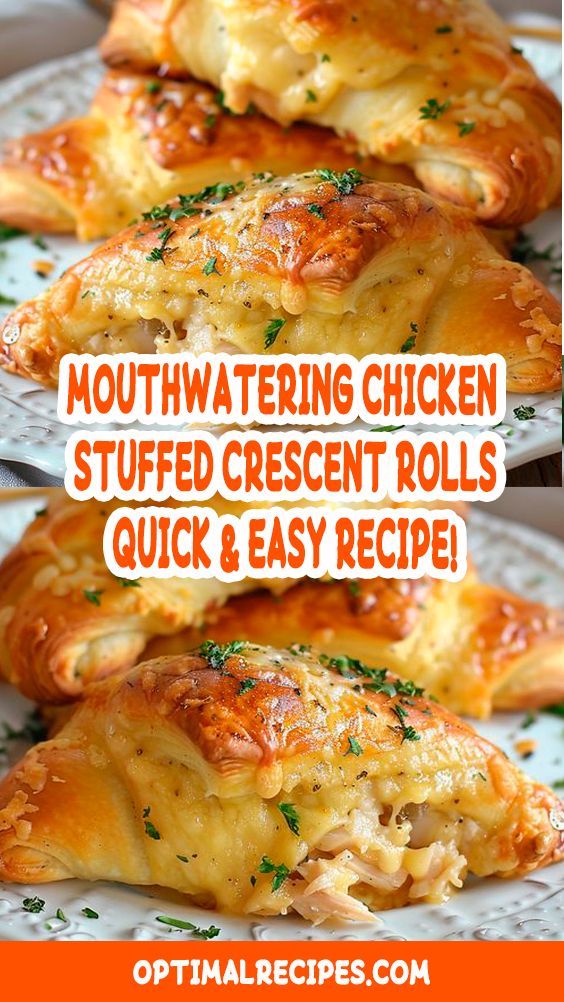 three cheese stuffed chicken rolls on a plate with the words, mouthwatering chicken stuffed crescents quick and easy recipe