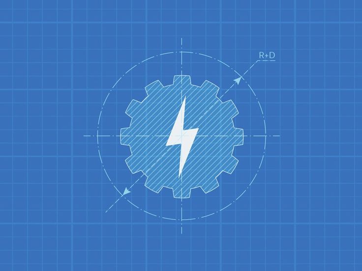 a blueprinted image of a gearwheel with lightning bolt on it and arrows pointing to the center