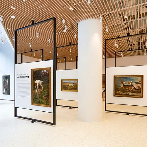 an art gallery with paintings on the walls