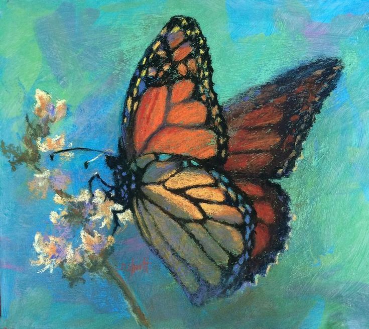 a painting of a butterfly sitting on top of a white flower in front of a blue background