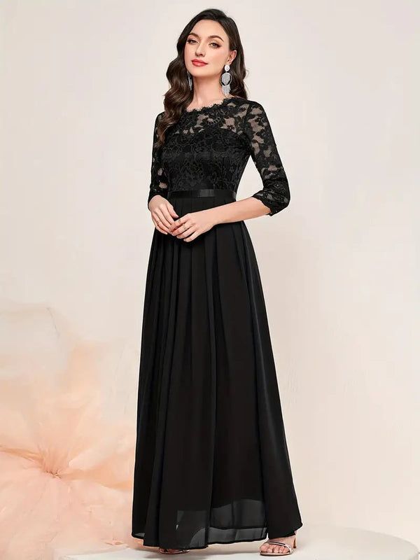 Elegant Contrast Lace Pleated Dress – ffmetro Lace Trim Gown For Prom Season, Formal Lace Sleeve Dress For Prom, Lace Sleeve Evening Dress For Prom, Formal Dresses With Lace Sleeves For Prom Season, Lace Bodice Gown For Prom Season, Prom Evening Dress With Lace Sleeves, Elegant Floor-length Evening Dress With Lace Sleeves, Elegant Dresses With Lace Sleeves For Prom Season, Formal Evening Dress With Lace Back