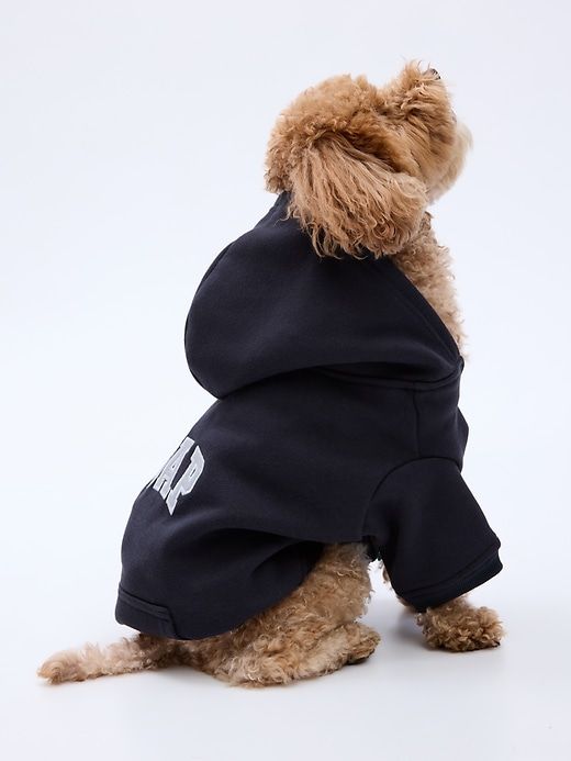 a brown dog wearing a black hoodie on top of it's back legs