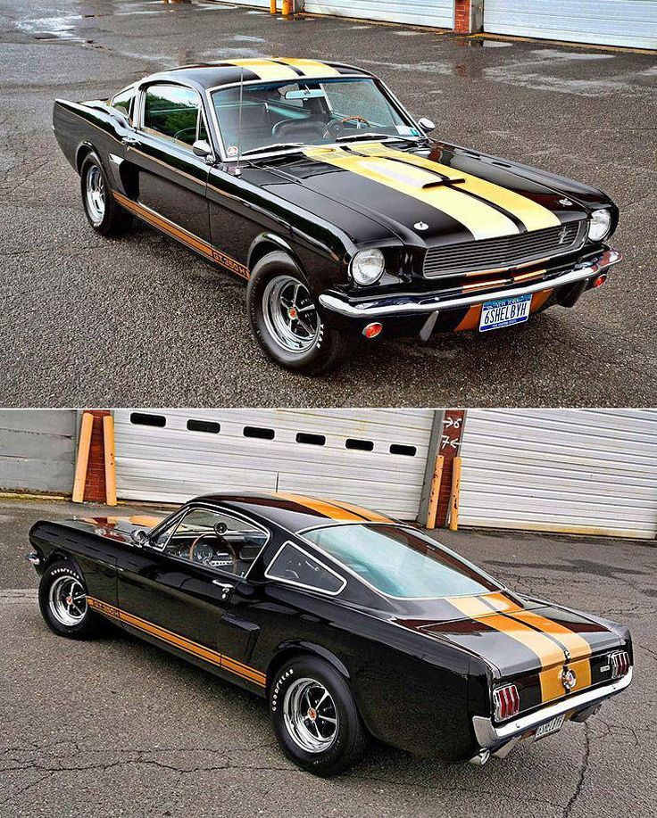 two pictures of a black mustang with yellow stripes on the front and side, one is parked