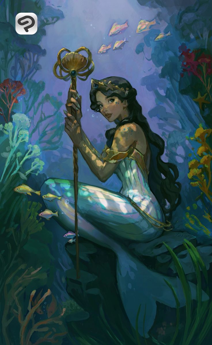 a painting of a mermaid sitting on the ocean floor holding a staff with fish swimming around her