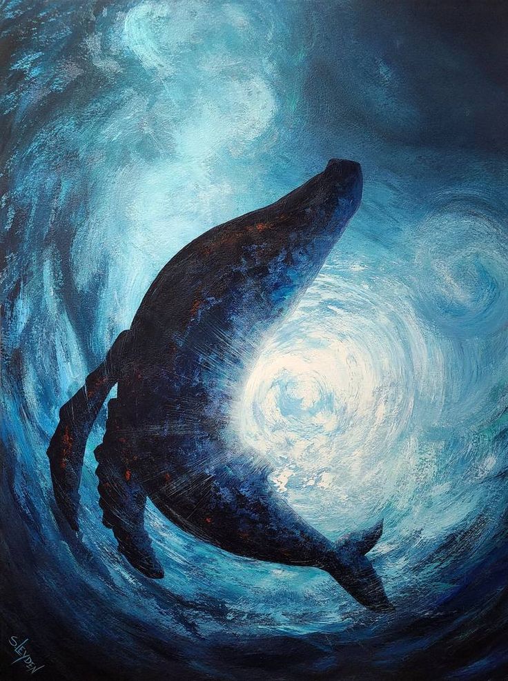 a painting of a whale swimming in the ocean