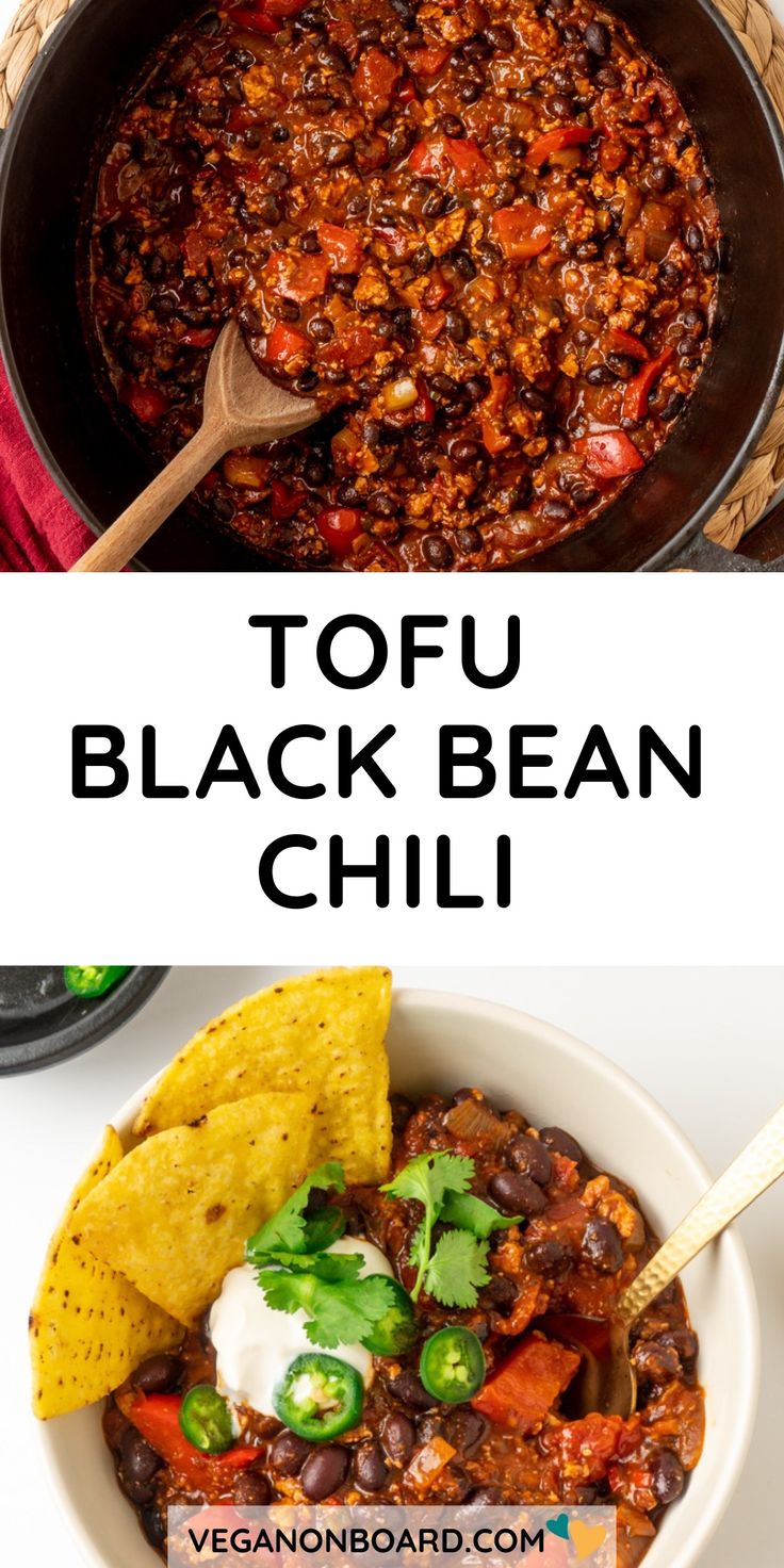 a bowl filled with black bean chili and tortilla chips next to the words, top