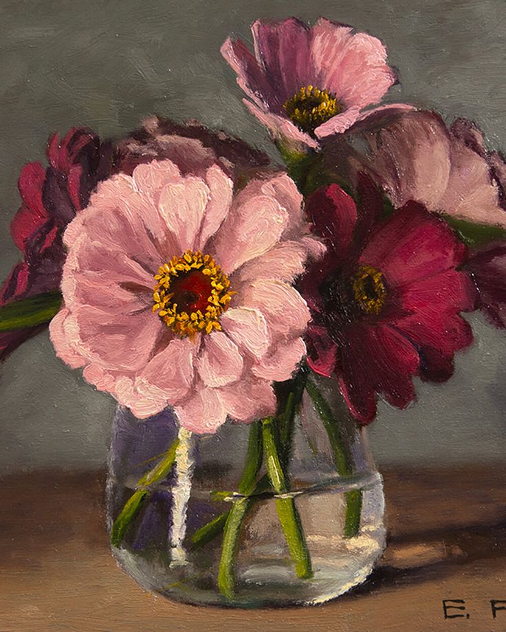 an oil painting of pink and red flowers in a glass vase